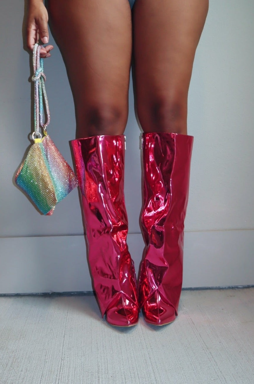 Fold Over Metallic Knee High Boots (Pink)