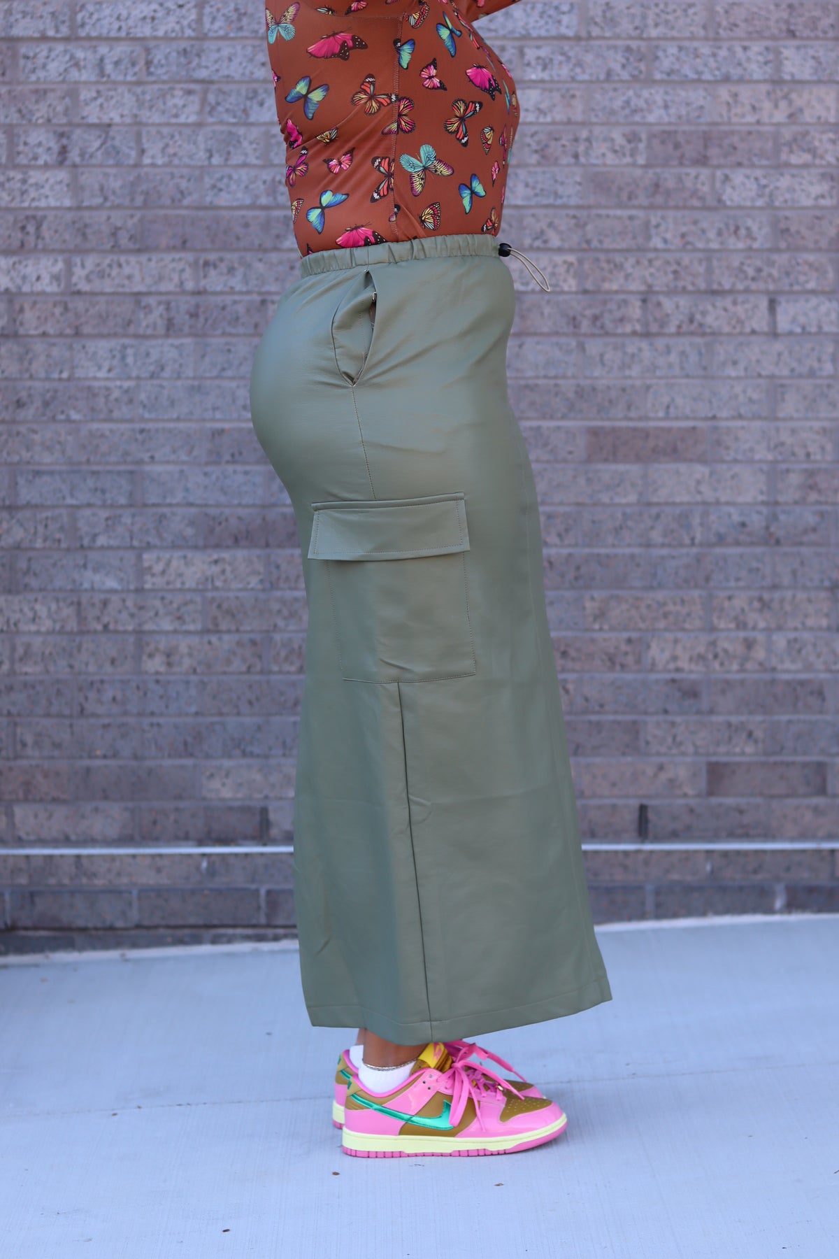 Olive Faux Leather Cargo Maxi Skirt