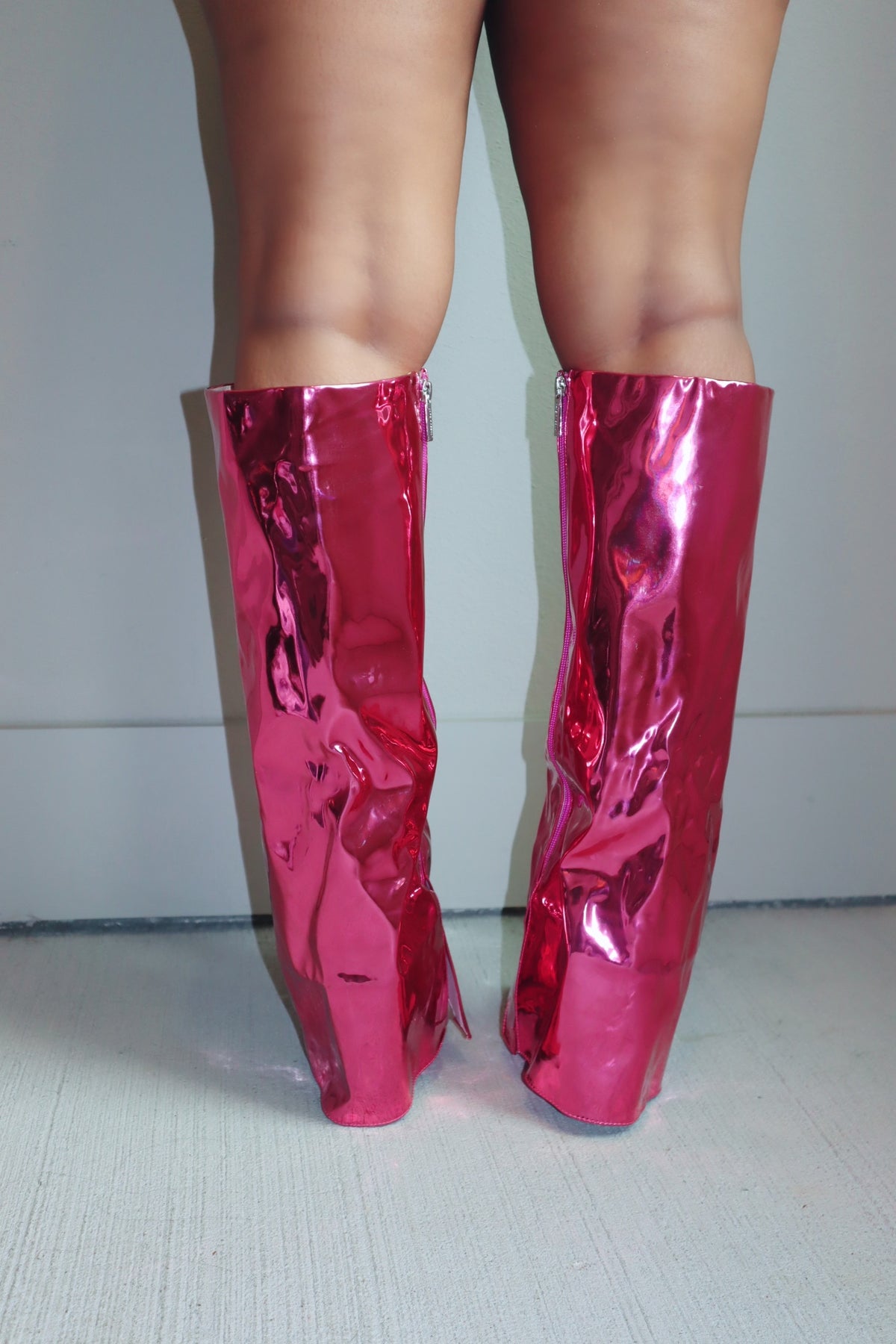 Fold Over Metallic Knee High Boots (Pink)