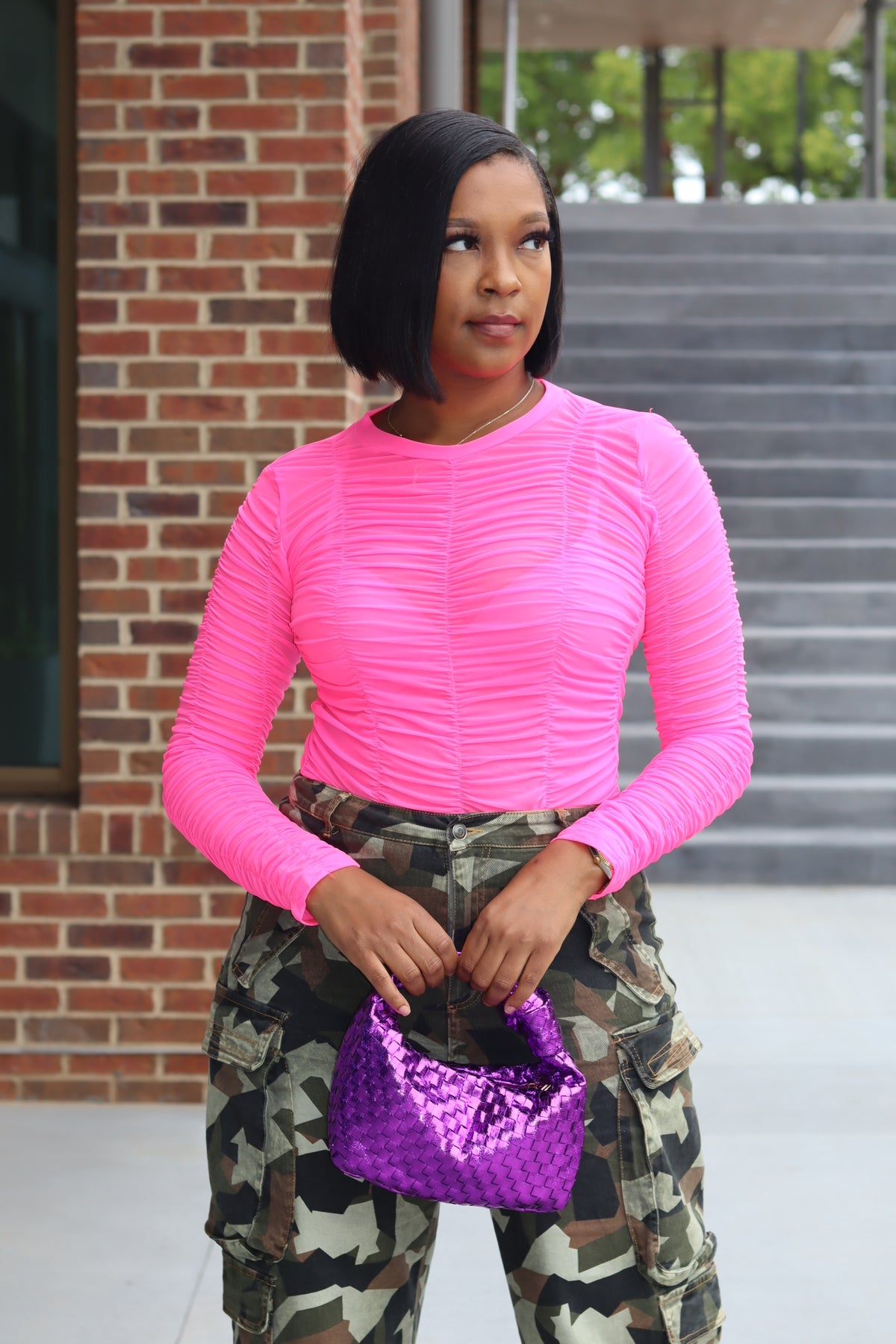 Sheer Neon Ruched Top (Pink)