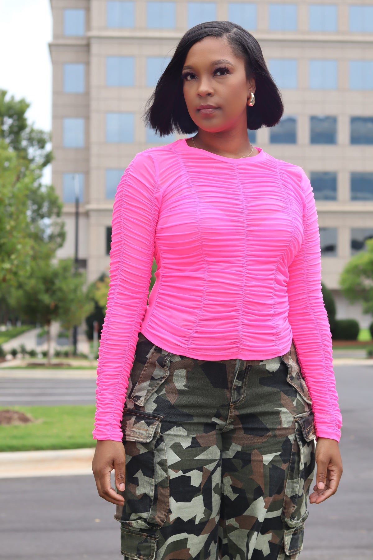 Sheer Neon Ruched Top (Pink)